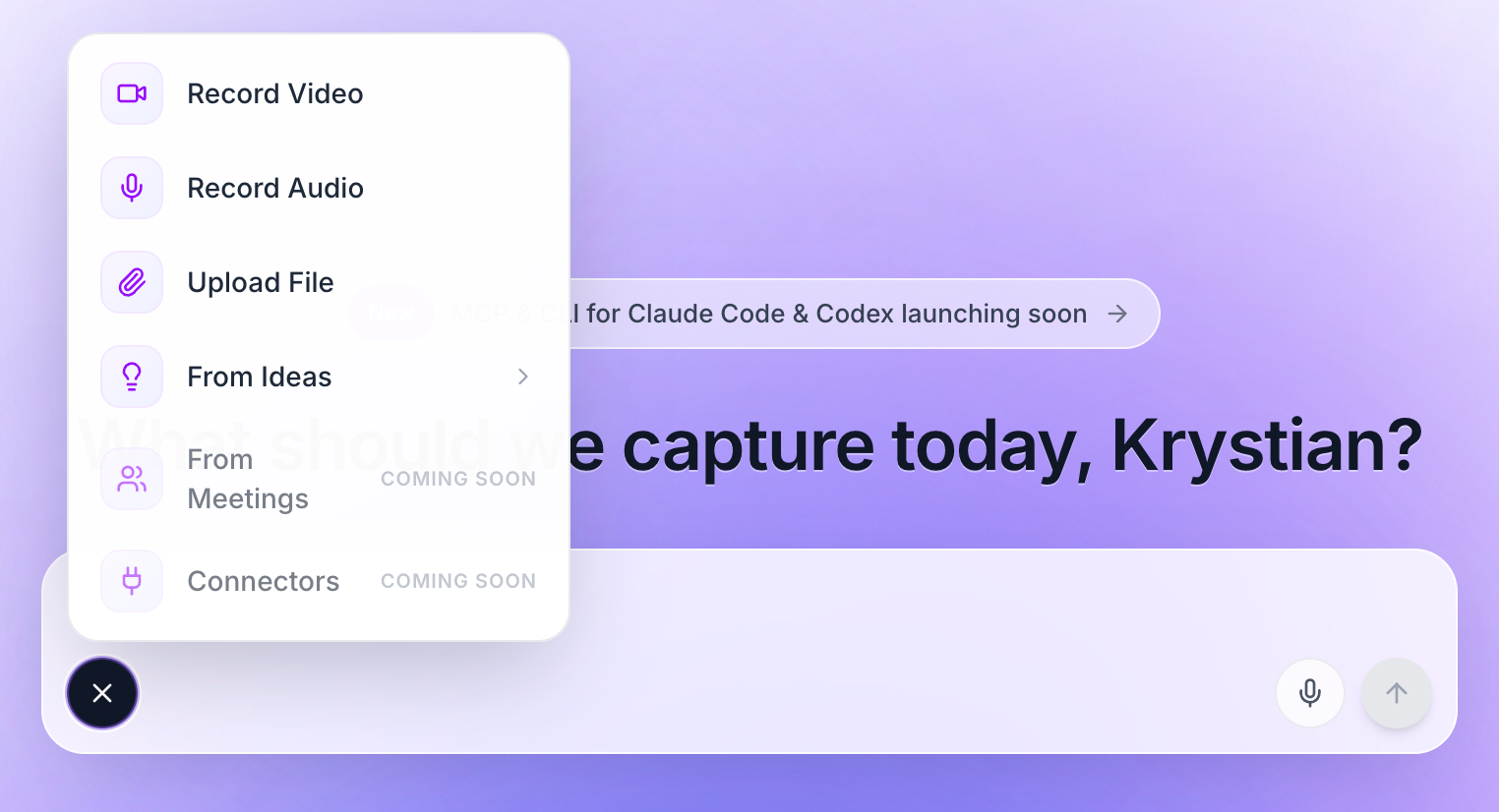 Capture menu showing Record Video, Record Audio, Upload File and From Ideas
